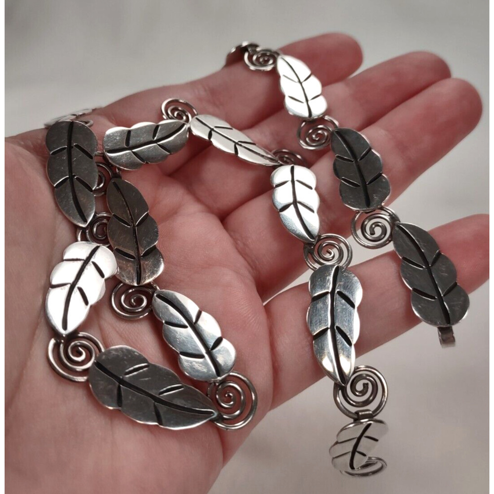 Vintage A or R Muñoz Taxco 925 Sterling Silver Leaf Necklace 17” Handmade Mexico - Picture 16 of 16